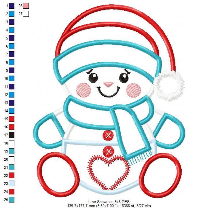 Valentines Snowman - Applique - Machine Embroidery Design