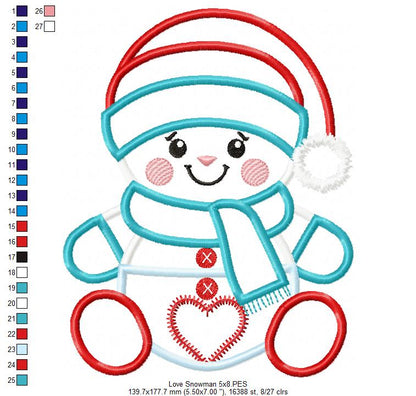 Valentines Snowman - Applique - Machine Embroidery Design