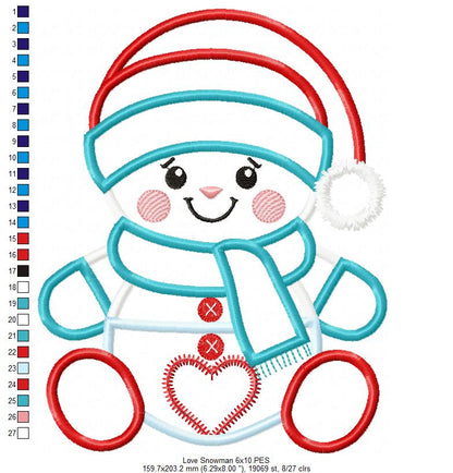 Valentines Snowman - Applique - Machine Embroidery Design