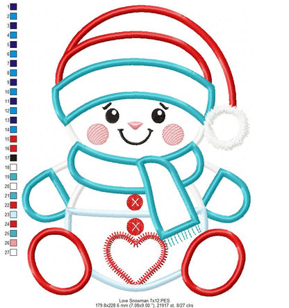 Valentines Snowman - Applique - Machine Embroidery Design