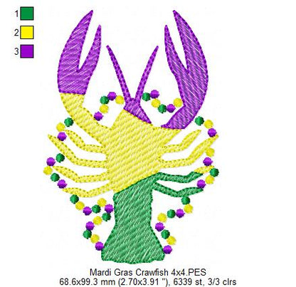 Crawfish and Beads Mardi Gras - Rippled Stitch - Machine Embroidery Design