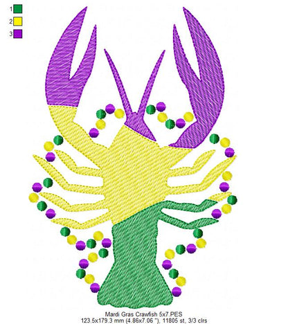 Crawfish and Beads Mardi Gras - Rippled Stitch - Machine Embroidery Design
