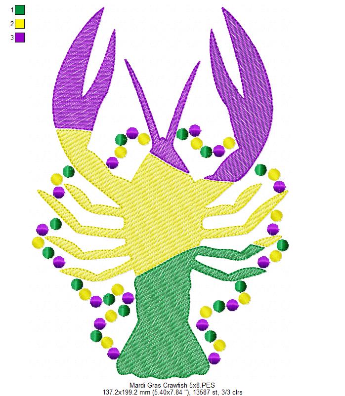 Crawfish and Beads Mardi Gras - Rippled Stitch - Machine Embroidery Design