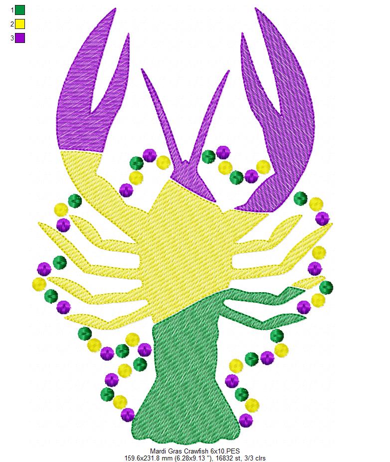 Crawfish and Beads Mardi Gras - Rippled Stitch - Machine Embroidery Design