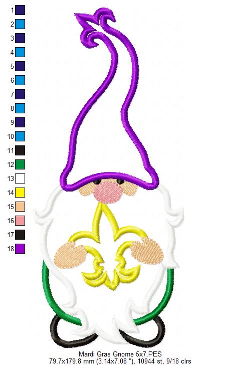 Mardi Gras Gnome Fleur - Applique - Machine Embroidery Design