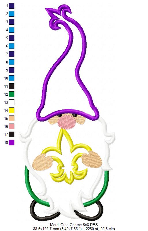 Mardi Gras Gnome Fleur - Applique - Machine Embroidery Design