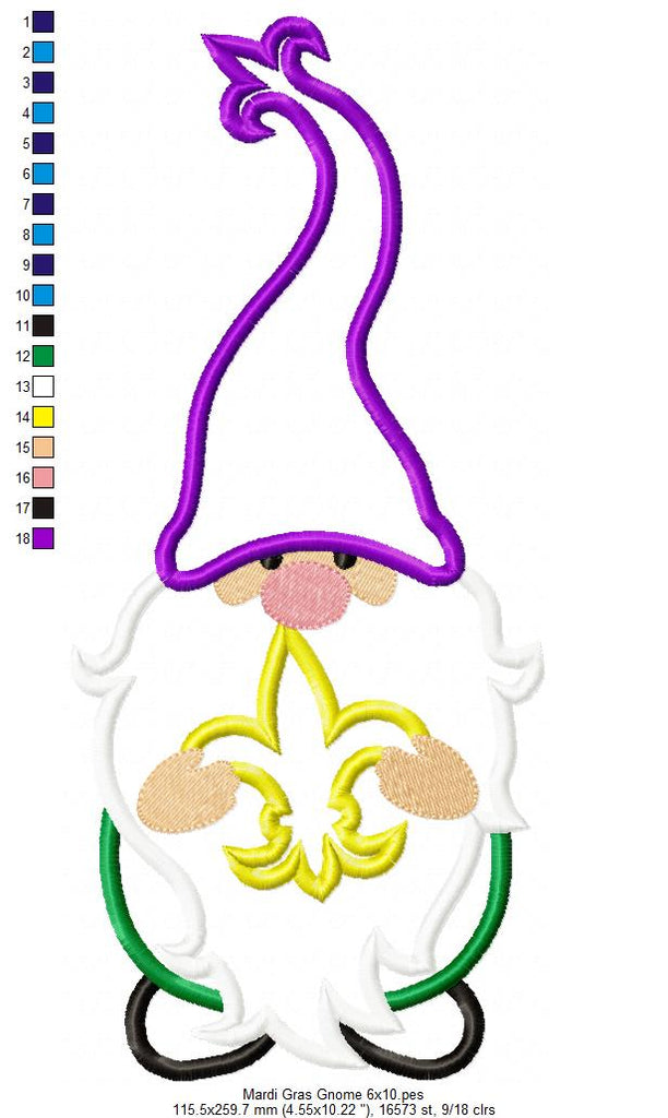 Mardi Gras Gnome Fleur - Applique - Machine Embroidery Design