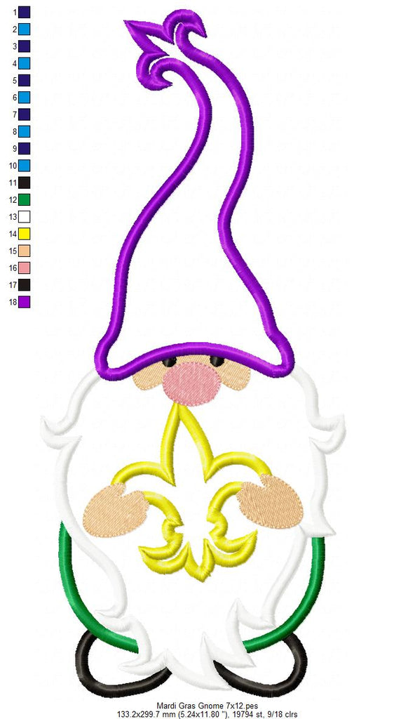 Mardi Gras Gnome Fleur - Applique - Machine Embroidery Design