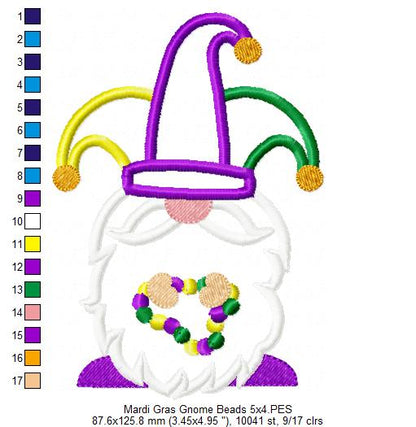 Mardi Gras Gnome Beads - Applique - Machine Embroidery Design
