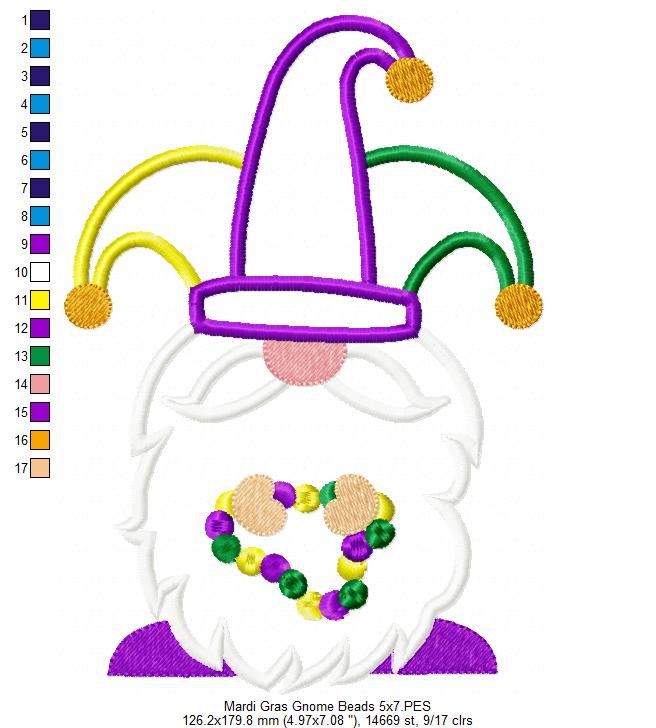 Mardi Gras Gnome Beads - Applique - Machine Embroidery Design