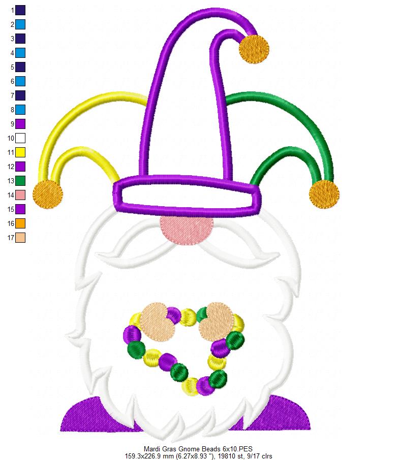 Mardi Gras Gnome Beads - Applique - Machine Embroidery Design