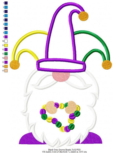 Mardi Gras Gnome Beads - Applique - Machine Embroidery Design