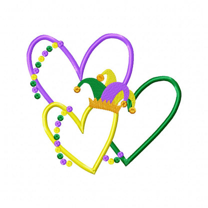 Mardi Gras Three Hearts - Applique - Machine Embroidery Design