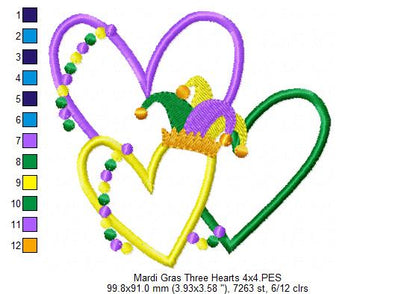 Mardi Gras Three Hearts - Applique - Machine Embroidery Design