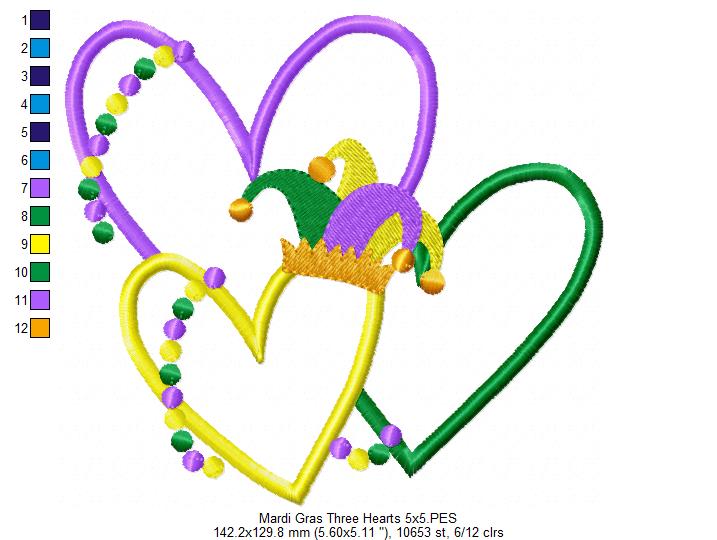 Mardi Gras Three Hearts - Applique - Machine Embroidery Design
