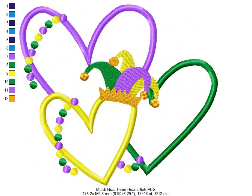 Mardi Gras Three Hearts - Applique - Machine Embroidery Design