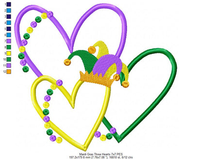 Mardi Gras Three Hearts - Applique - Machine Embroidery Design