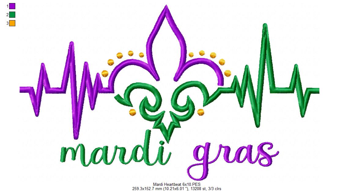 Mardi Gras Heartbeat - Fill Stitch - Machine Embroidery Design