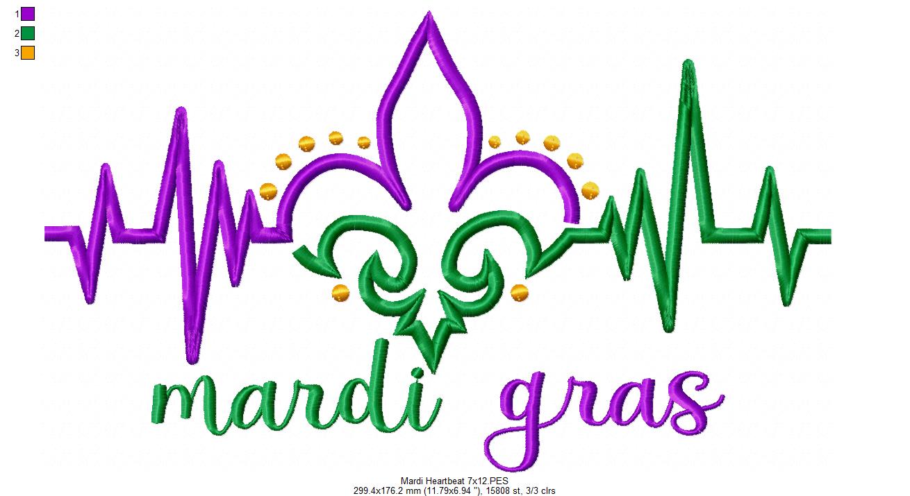 Mardi Gras Heartbeat - Fill Stitch - Machine Embroidery Design