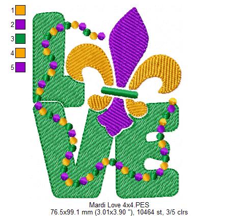 Mardi Gras Love - Fill Stitch - Machine Embroidery Design