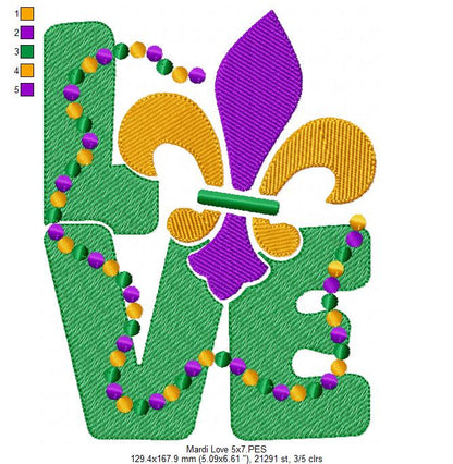 Mardi Gras Love - Fill Stitch - Machine Embroidery Design