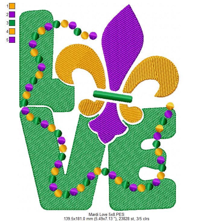 Mardi Gras Love - Fill Stitch - Machine Embroidery Design