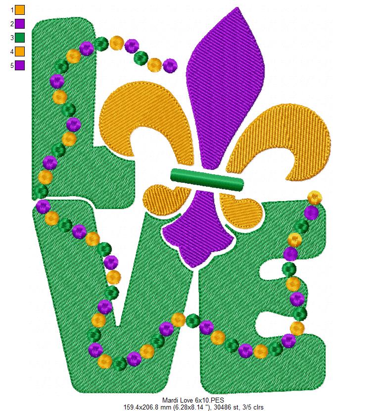 Mardi Gras Love - Fill Stitch - Machine Embroidery Design