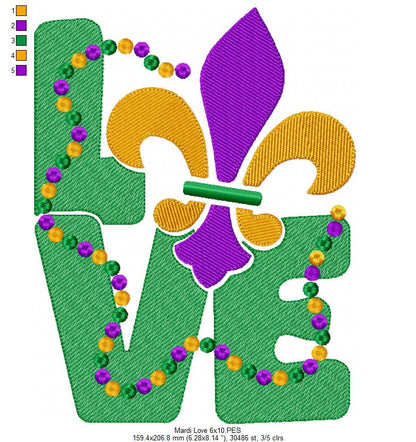 Mardi Gras Love - Fill Stitch - Machine Embroidery Design