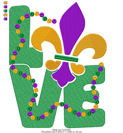 Mardi Gras Love - Fill Stitch - Machine Embroidery Design