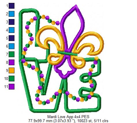 Mardi Gras Love - Applique - Machine Embroidery Design