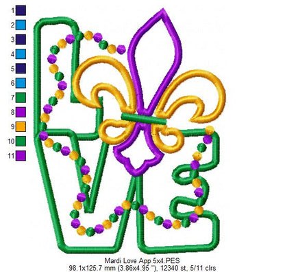 Mardi Gras Love - Applique - Machine Embroidery Design