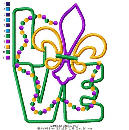 Mardi Gras Love - Applique - Machine Embroidery Design