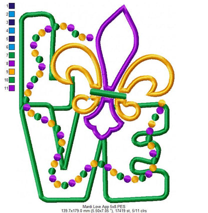 Mardi Gras Love - Applique - Machine Embroidery Design