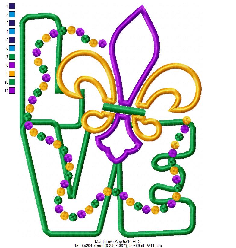 Mardi Gras Love - Applique - Machine Embroidery Design