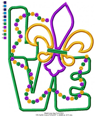 Mardi Gras Love - Applique - Machine Embroidery Design