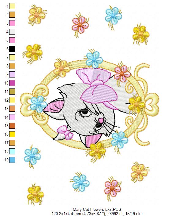 Cute Cat Girl with Bow Frame and Flowers - Fill Stitch