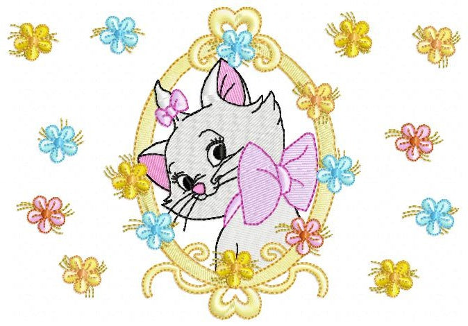 Cute Cat Girl with Bow Frame and Flowers - Fill Stitch