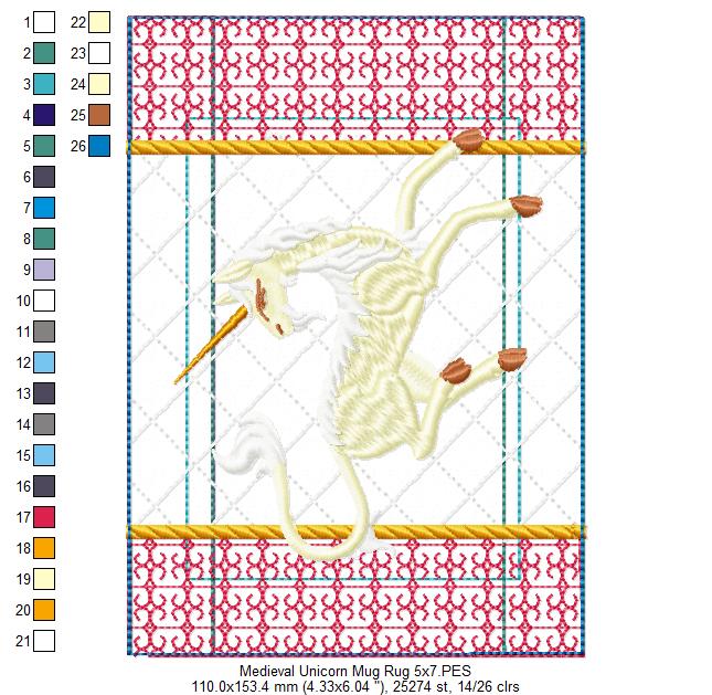 Medieval Unicorn Mug Rug - ITH Project - Machine Embroidery Design