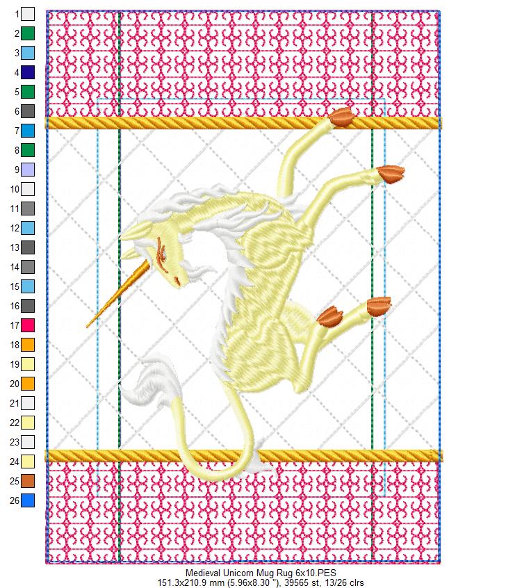 Medieval Unicorn Mug Rug - ITH Project - Machine Embroidery Design