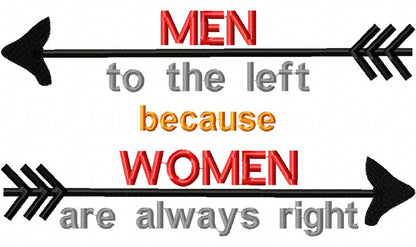 Funny Men to the Left Women Right – Satin Stitch - Machine Embroidery Design