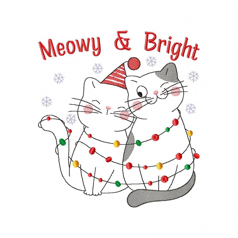 Christmas Lights Cats Meowy & Bright - Redwork - Machine Embroidery Design