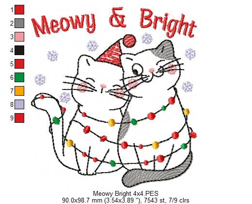 Christmas Lights Cats Meowy & Bright - Redwork - Machine Embroidery Design