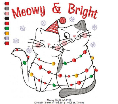 Christmas Lights Cats Meowy & Bright - Redwork - Machine Embroidery Design