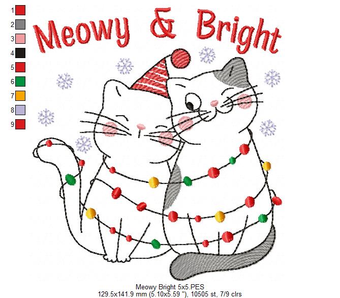 Christmas Lights Cats Meowy & Bright - Redwork - Machine Embroidery Design