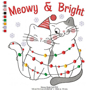 Christmas Lights Cats Meowy & Bright - Redwork - Machine Embroidery Design
