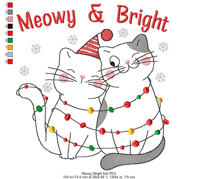 Christmas Lights Cats Meowy & Bright - Redwork - Machine Embroidery Design