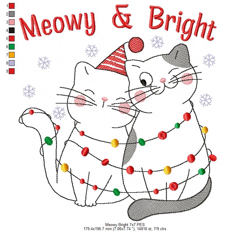 Christmas Lights Cats Meowy & Bright - Redwork - Machine Embroidery Design