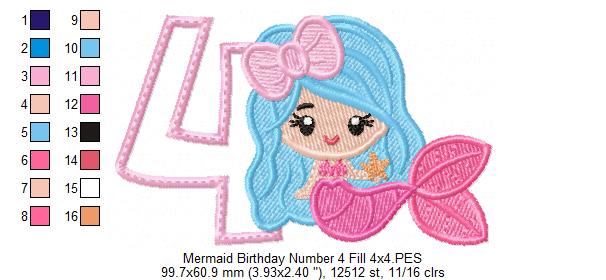 Mermaid Number 4 Four 4th Fourth Birthday - Applique & Fill Stitch