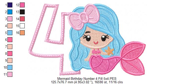 Mermaid Number 4 Four 4th Fourth Birthday - Applique & Fill Stitch