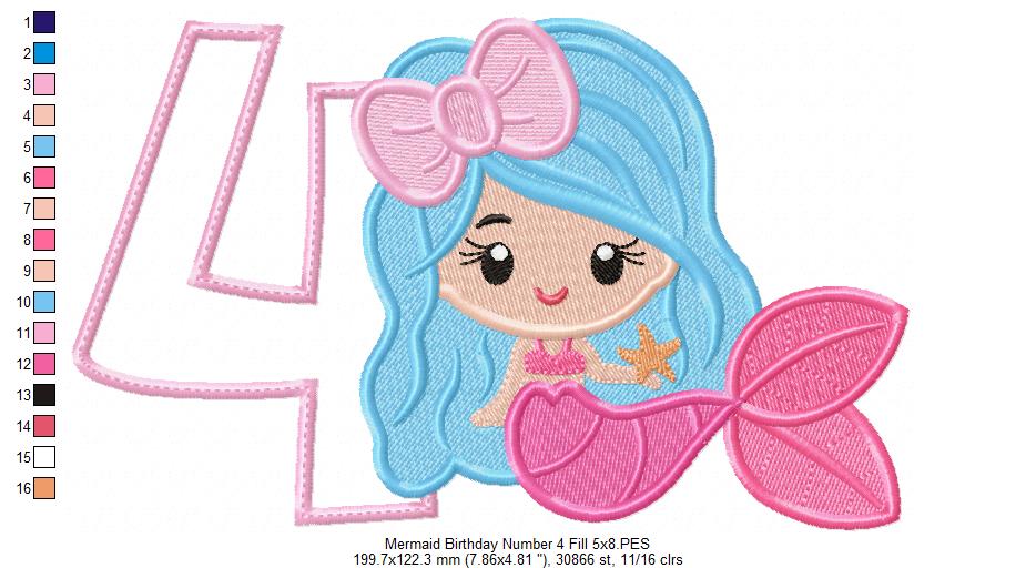 Mermaid Number 4 Four 4th Fourth Birthday - Applique & Fill Stitch